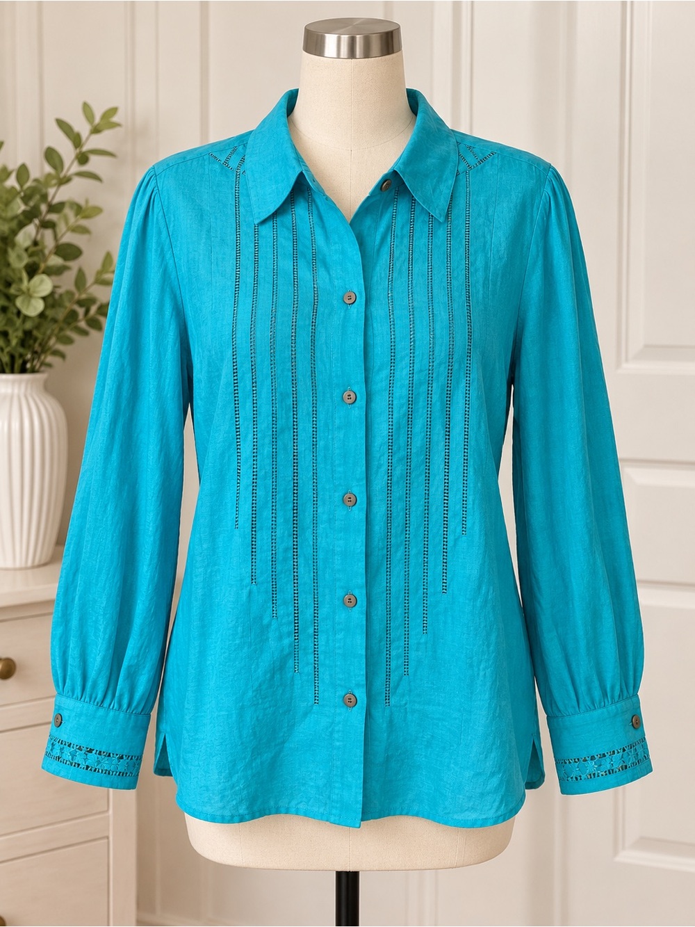 Valerie Separates 100% Linen Turquoise Button Down Blouse Size L NWT